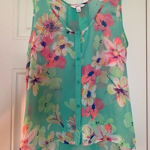 Candie's Vibrant Floral Sheer Blouse - Green and Pink